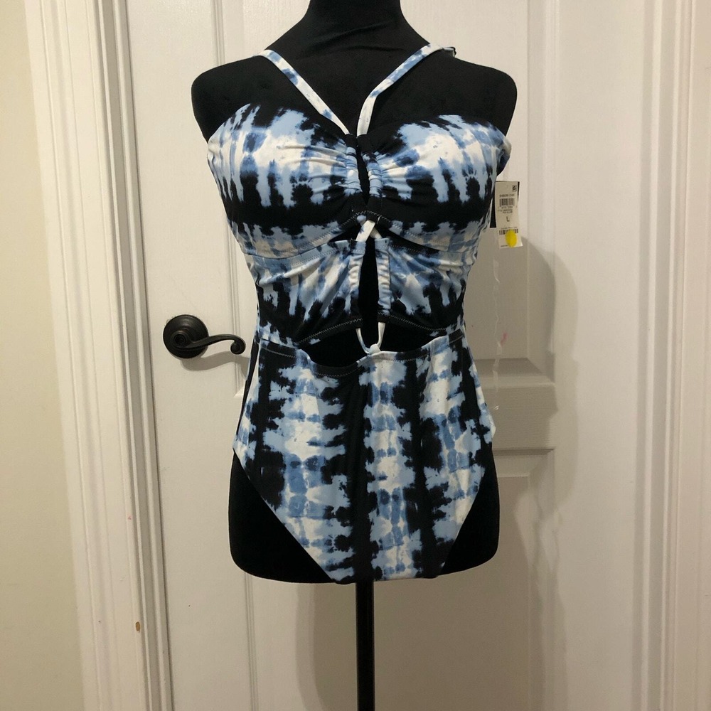 Bar III Shibori Chic One‎ Piece Swimsuit Blue Black Tie Dye Cutout MBSC23602 L - Picture 3 of 9